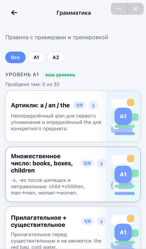 Тренажёр английской грамматики уровня A1